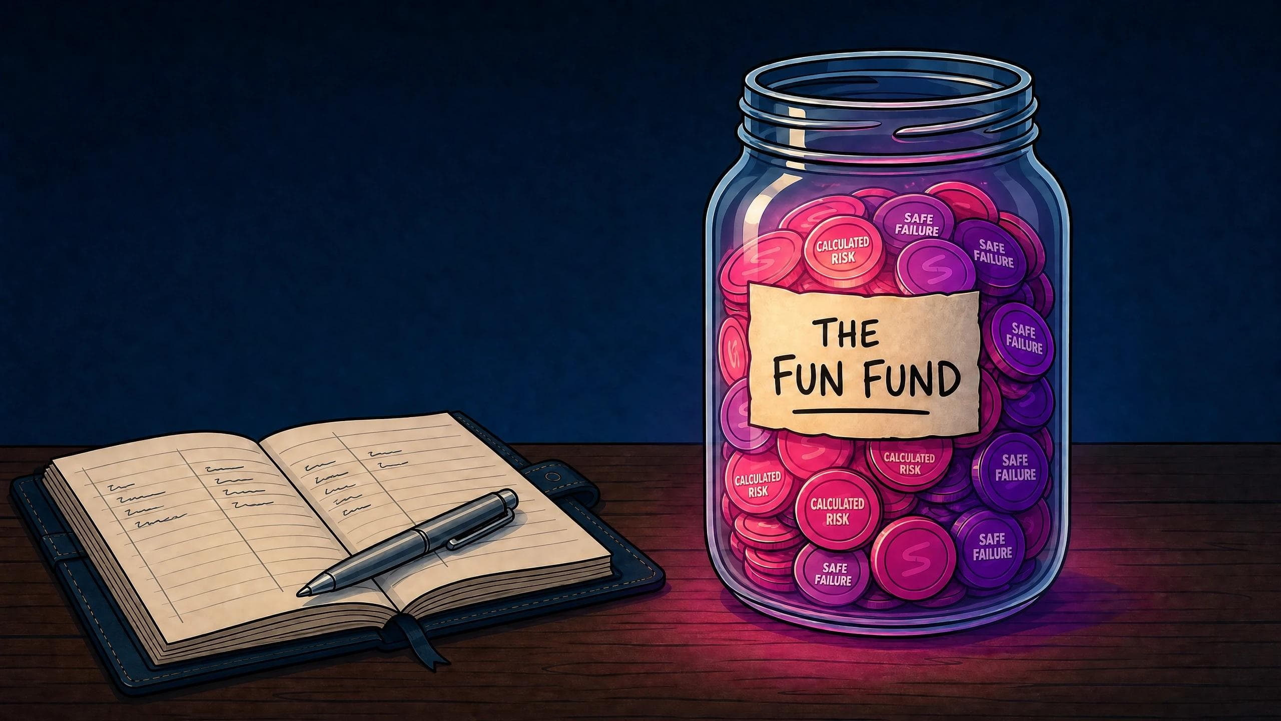 "The Fun Fund" jar filled with coins labeled "Safe Failures" and "Calculated Risk"