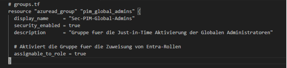Screenshot 1: Role-assignable Entra ID Group in Terraform