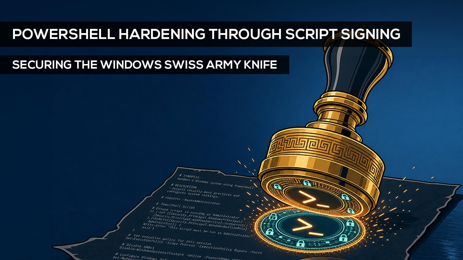 A digital seal signing a PowerShell script for secure Windows administration