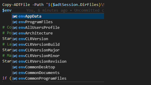 Visual Studio code after loading a PS1 script with PSAppDeployToolkit module enabled and IntelliSense support available