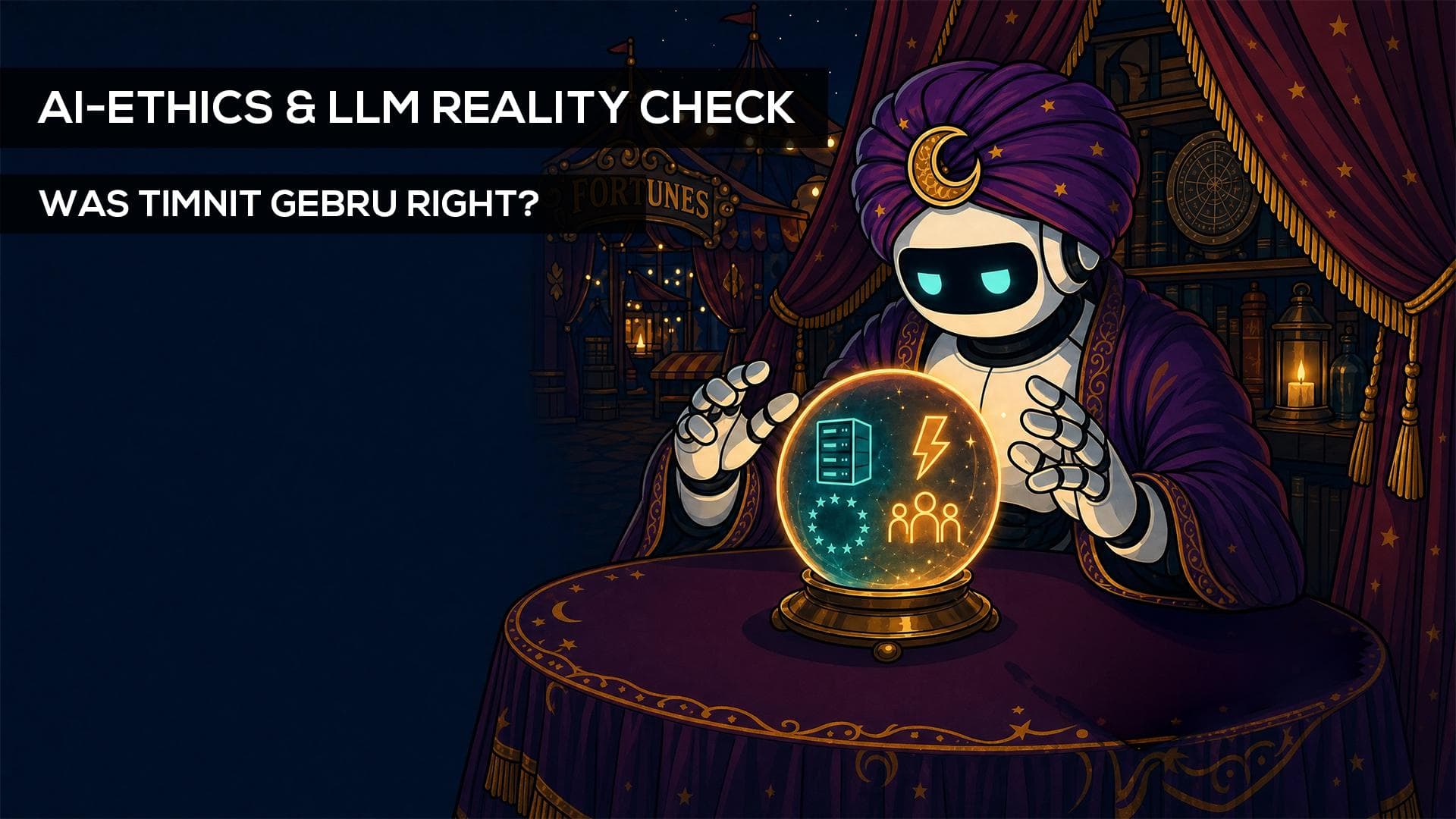 An AI robot gazes into a crystal ball reflecting symbols of compute power, energy, and society. An illustration exploring Timnit Gebru's critique of large language models.