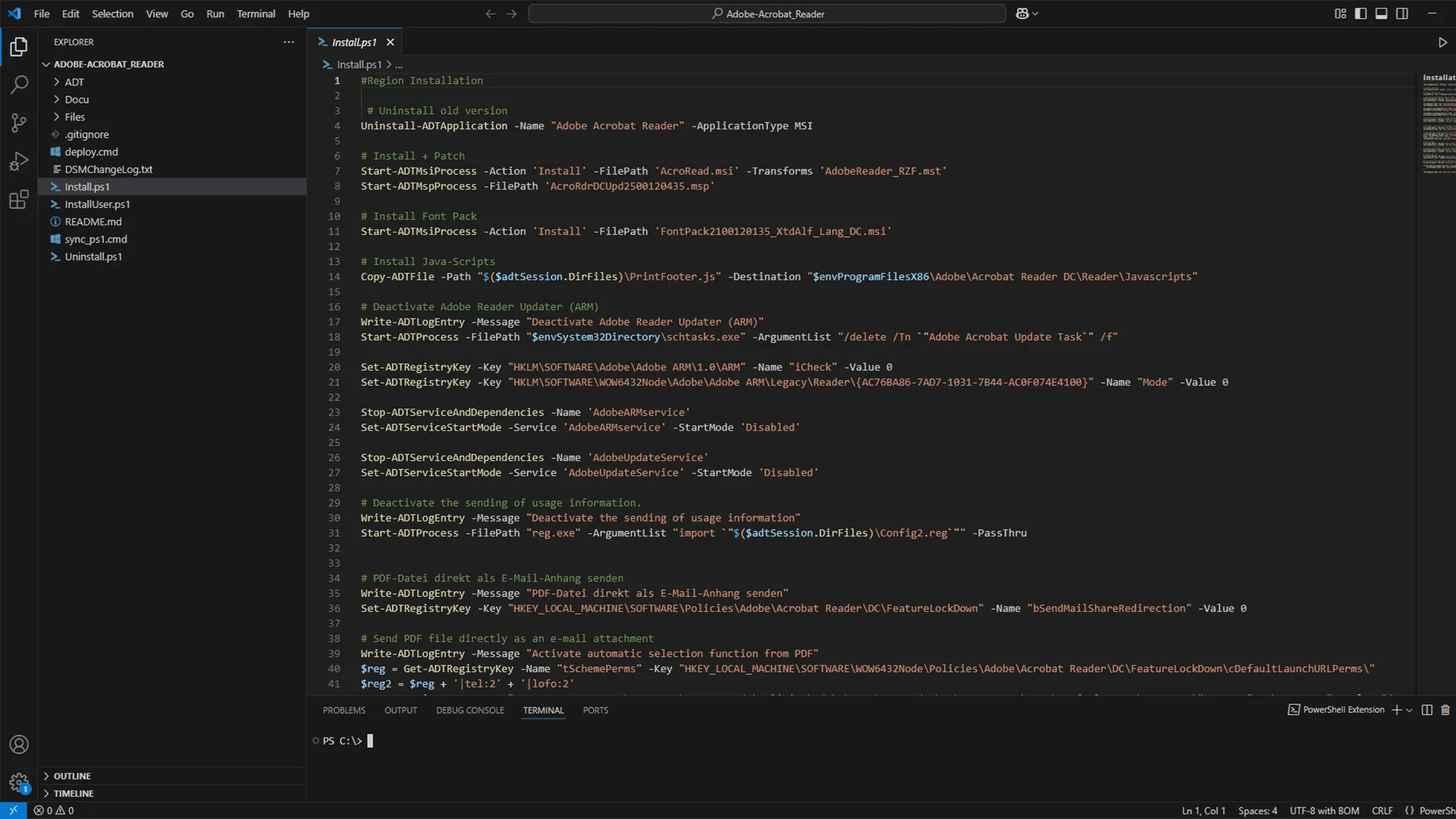 Example using an Adobe Acrobat package in the VSCode editor